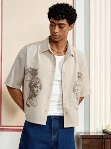 SWAVVY Áo sơ mi nam tay ngắn, cài khuy đơn, họa tiết chân dung La Mã - Màu be - Xem 5