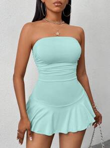 Zolique Ruffle Trim Strapless Jumpsuit Skorts, Fashionable Summer Outfit - Mint Blue - View 5