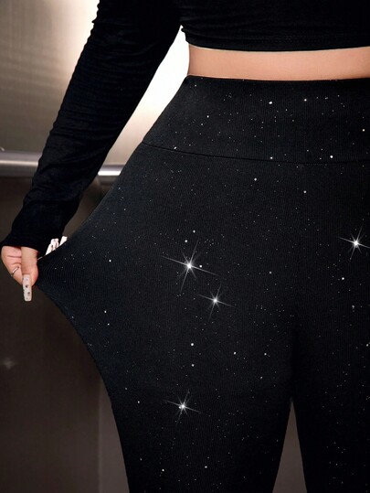 GalTyme Plus Size Women High Waist Shiny Sequin Elastic Skinny Leggings Sparkly Pants Glitter Pants Sequin Party Clothes