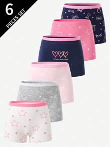 6 piezas de calzoncillos tipo bóxer de algodón con estampado de leopardo, corazón, lazo y estrella para niñas preadolescentes, moda de regreso a la escuela - Multicolor - Ver 4