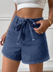 Quần short denim dáng chữ A cạp cao, rộng rãi, thắt eo, thích hợp cho nữ, kiểu quần short mùa hè. - Rửa trung bình - Xem 5