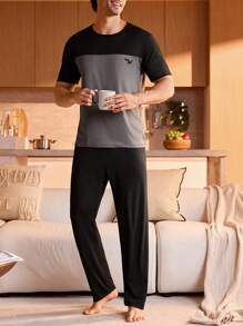 Manfinity Underwear&Sleepwear Basics Pijama de punto suave para hombres con parte superior de cuello redondo y Bottom larga cómoda - Multicolor - Ver 3