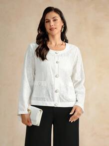 Flouryn Jaket Putih Wanita Ukuran Besar dengan Leher Bulat, Lengan Raglan, Kancing Tunggal, dan Patchwork Renda, Jaket Kasual Kantor Elegan untuk Musim Gugur - Putih - View 7