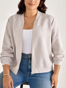 Comfylo Jaqueta Casual de Moda para Ir e Vir, Cor Sólida Texturizada, Tamanho Plus, Roupa de Outono para Mulheres, Estilo Old Money - Caqui - Visão 4