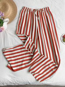 SHEIN EZwear 女士系带腰阔腿宽松休闲条纹裤 - 紅色 - 查看 5