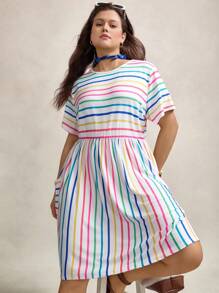 Zelara Plus Size Women Colorful Striped Round Neck Short Sleeve Pocket Casual Dress Summer Outfits For Women Graduation Dress Summer Outfits For Women Vacation Outfits Women