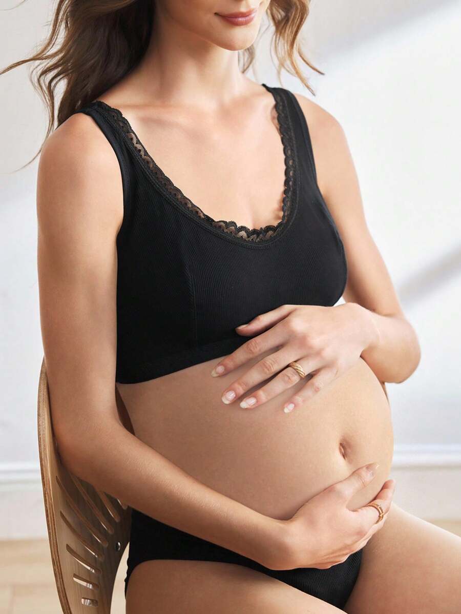 Moonlight&Mama حمالة صدر للرضاعة مريحة بلون أحادي مع تطريز دانتيل متباين - لون مشمشي - مشاهدة 1
