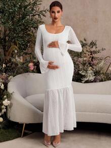 MaterniChic Maternity White Dress Autumn And Winter Pregnant Women's Square Neck Flare Sleeve Fishtail Hem Lace Fitted Elegant Dress - Apricot - View 3