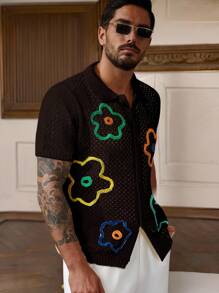 Manfinity Homme Áo thun dệt kim tay ngắn cài nút họa tiết hoa phía trước dành cho nam, mặc đi nghỉ dưỡng - màu nâu - Xem 4