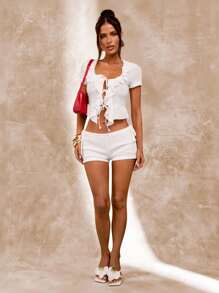 SHEIN BAE Short élastique vert clair texturé élégant pour femmes, idéal pour les vacances d'été à la plage, les concerts, les festivals de musique, les clubs. Costumes de performance sexy.