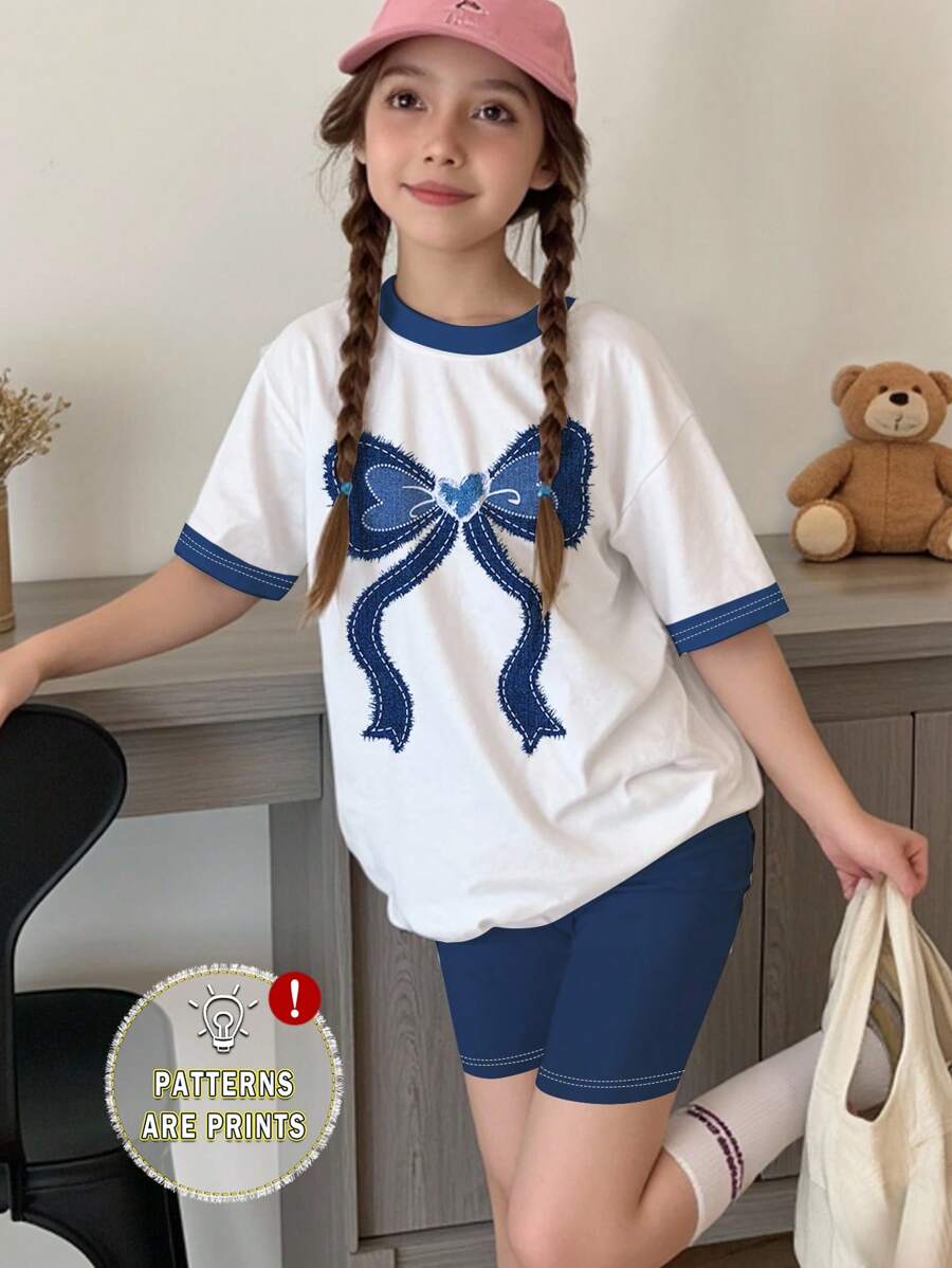 SHEIN Leap Crew 2pcs/Set Tween Girls Casual Bow Print Short Sleeve T-Shirt And Shorts Set, Suitable For Summer - White - View 1