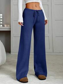 EURMUSE Women's Casual Solid Color Drawstring Waist Ribbed Knit Pants,Burgundy Trousers - Royal Blue - View 3