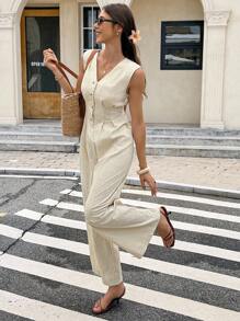 Serisse 女式纯色V领前扣休闲无袖连体裤 - 杏色 - 查看 5