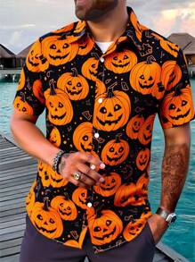 Manfinity Homme Men's Pumpkin Print Single-Breasted Casual Short Sleeve Shirt (Asymmetrical Print), For Halloween - Orange - View 1
