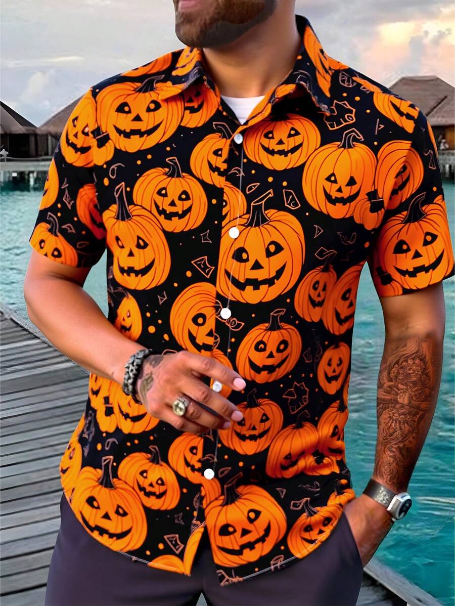 Manfinity Homme Men's Pumpkin Print Single-Breasted Casual Short Sleeve Shirt (Asymmetrical Print), For Halloween - Orange - View 1