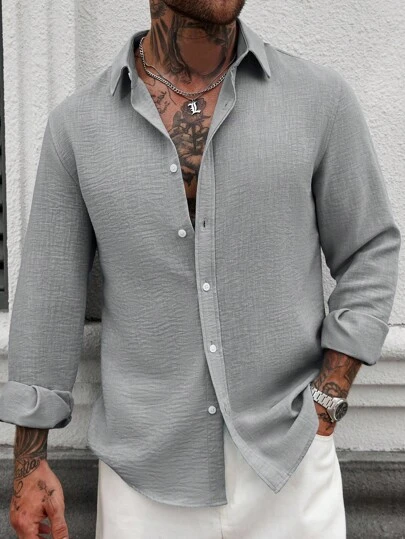 Manfinity Homme Men Plain Front Button Casual Linen Blend Long Sleeve Shirt,Fall