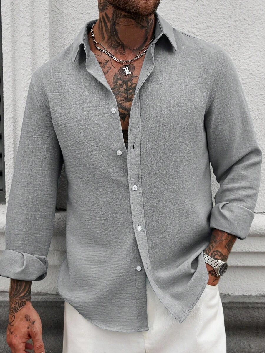 Manfinity Homme Men Plain Front Button Casual Linen Blend Long Sleeve Shirt,Fall - Grey - View 1