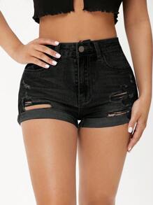 SHEIN PETITE 女式夏季休闲街头破洞翻边牛仔短裤