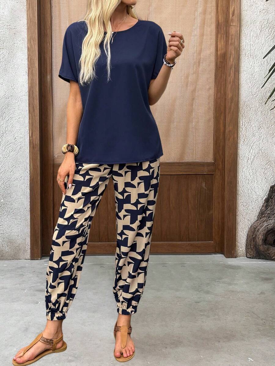 EMERY ROSE 休闲女式两件套服装，搭配随机印花裤和蓝色梭织 T 恤，两件套女式上衣和裤子套装，女式两件套裤子套装，女式衬衫和裤子套装，两件套休闲套装女式 - 藍色 - 查看 1