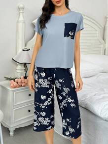 SHEIN Multicolor Round Neck Short Sleeve PJS For Everyday Comfort Women PJSs Floral PJSs Pj Sets Women Short Sleeve Summer PJSs Women Blue PJSs Women - Multicolor - View 3