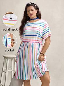 Zelara Plus Size Women Colorful Striped Round Neck Short Sleeve Pocket Casual Dress Summer Outfits For Women Graduation Dress Summer Outfits For Women Vacation Outfits Women