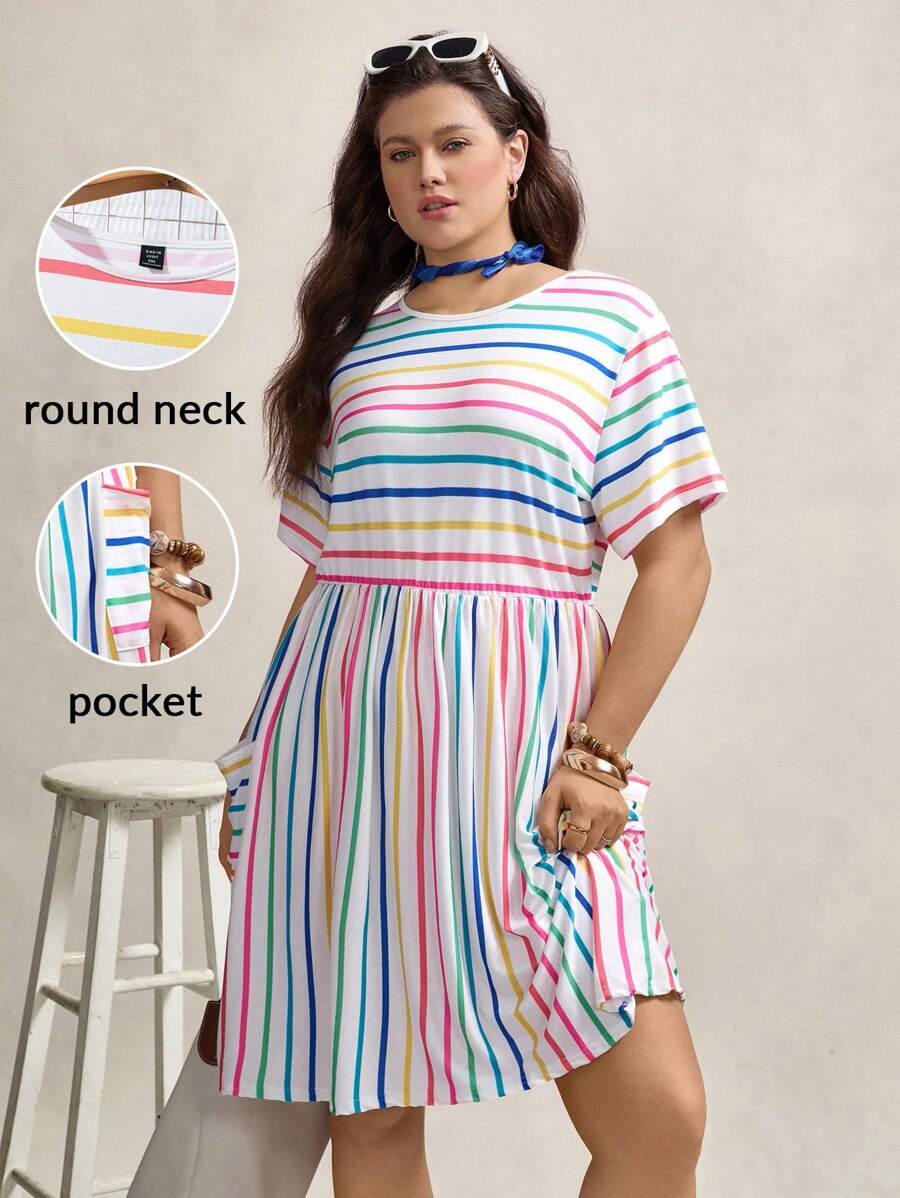 Zelara Plus Size Women Colorful Striped Round Neck Short Sleeve Pocket Casual Dress Summer Outfits For Women Graduation Dress Summer Outfits For Women Vacation Outfits Women