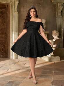 Aureia 加大码优雅奢华黑色露肩大蝴蝶结提花面料系带长裙礼服