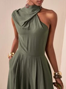 Zivah New Style Leisure Vacation Daily Dating Commuting Elegant Beach Cruise Party Simple Internet Celebrity Hot Style High Collar Pile Collar Sleeveless One Shoulder Loose Jumpsuit Wide Leg Pants Super Long Pants With Pockets Military Green Women's Jumpsuit Sage Green Jumpsuit Elegant Jumpsuit Jumpsuits For Women Wide Leg Olive Green Jumpsuit - Army Green - View 9