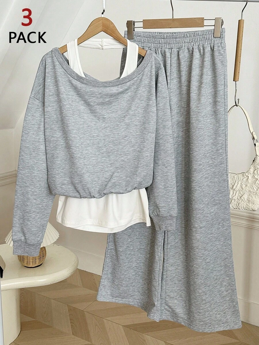 SHEIN 3件套女士休闲吊带阔腿运动衫套装