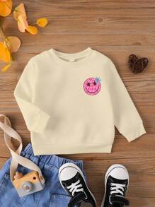 女童休闲舒适保暖圆领长袖卫衣，秋冬季返校季，动物印花图案，适合学校、返校季、小狗图案T恤等。 - 杏色 - 查看 3