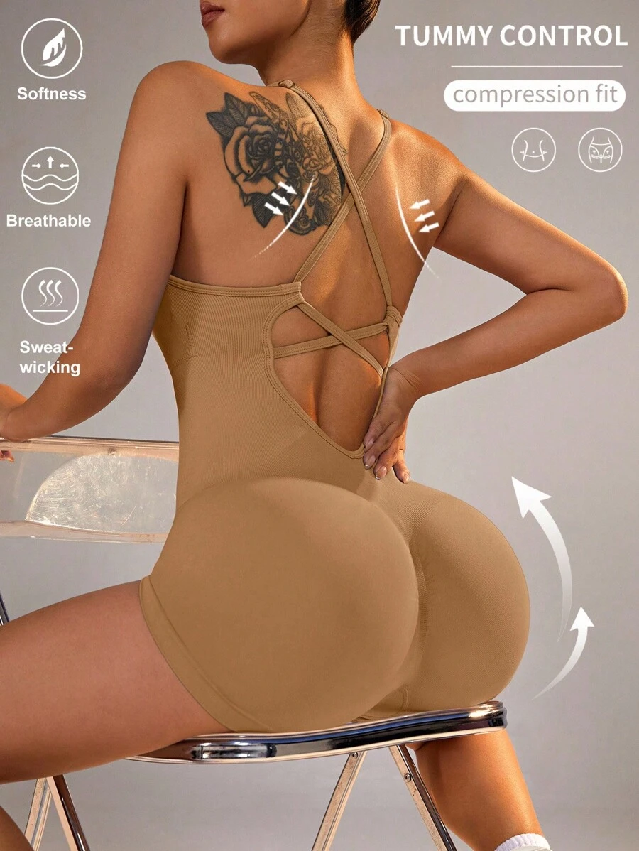 Gameset SHEIN Sport 女士纯色交叉背带瑜伽运动连体衣 - 杏色 - 查看 1