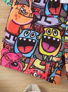 SHEIN Fantacosmos Young Boy 3pcs/Set Cartoon Print Shirt, Shorts And Hat Outfit, School, Campus, College Summer Holiday - Red - View 4