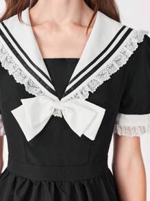 EDITION 女式条纹海军蓝领迷你连衣裙，深色学院风荷叶边下摆，少女感十足 - 黑色 - 查看 7