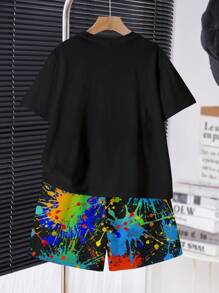 SHEIN Bộ 2 bộ đồ thường ngày cho bé trai tuổi teen, khủng long hoạt hình, thời trang đường phố Y2K, họa tiết graffiti tay ngắn cổ tròn, thích hợp cho mùa hè - Nhiều màu - Xem 2