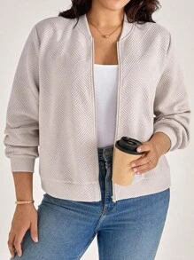 Comfylo Jaqueta Casual de Moda para Ir e Vir, Cor Sólida Texturizada, Tamanho Plus, Roupa de Outono para Mulheres, Estilo Old Money - Caqui - Visão 8