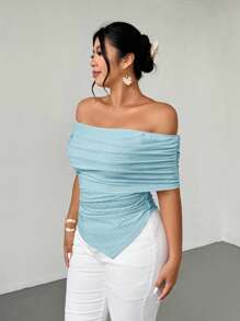 Firerie قميص كاجوال أنيق للنساء ذوات الأحجام الكبيرة، قطع الكتف، قماش مموج مرن، حواف غير متماثلة، مناسب للربيع والصيف