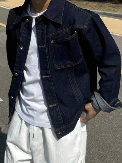 DAZY Men's Solid Color Denim Jacket, Autumn,Back To School Clothes