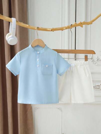 Bộ đồ thường ngày áo thun tay ngắn cài nút màu trơn mùa hè cho bé trai và quần short