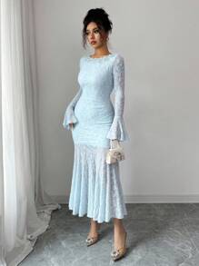 Modelyn Elegant Boat Neck Bell Sleeve Fitted Mermaid Hem High Stretch Textured Knit Dress Fall Cloth For Women - Blue - View 5