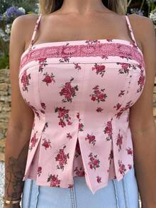 Manon Tanti Top camisola sexy com babados e renda floral multicolorida, adequado para primavera, verão e outono - Rosa - Ver 3
