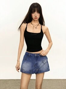 Rina Fox Quần short denim cài nút thời trang thường ngày đa năng dành cho nữ, mùa hè - Rửa trung bình - Xem 4