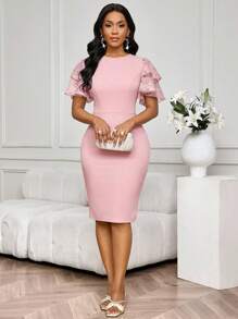 SHEIN Lady Women's Elegant Contrast Lace Ruffle Sleeve Midi Dress, Summer,Work Dresses