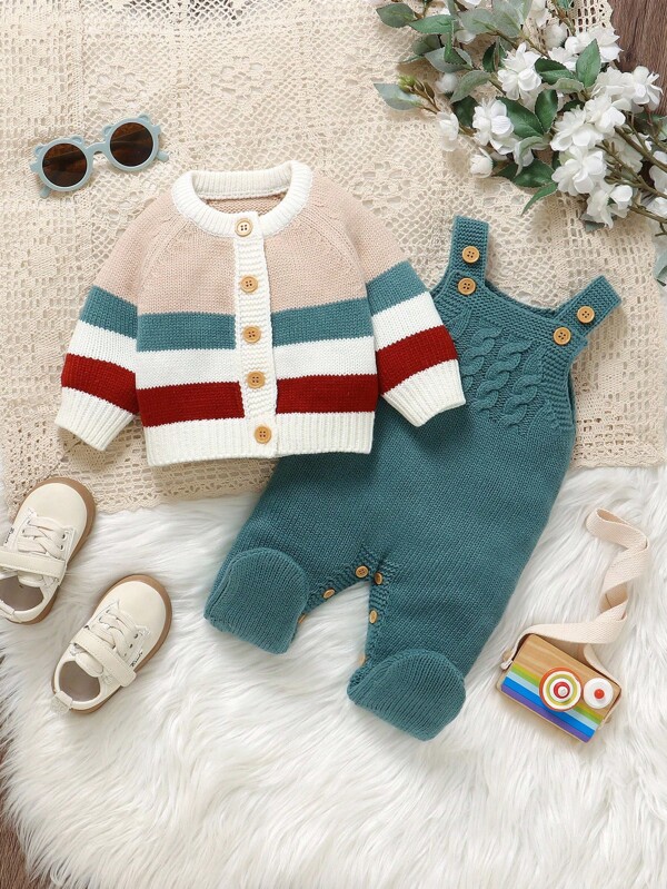 SHEIN 2 قطعة من طقم مريح كنزة رضيع وأطفال صغار - معطف كم طويل + بيجامة مفوتحة قدمين بأربطة، مجموعة محبوكة بطراز محدود