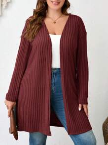 Comfylo Cárdigan de punto acanalado de color liso talla grande para ropa de primavera, otoño e invierno - Burdeos - Ver 1