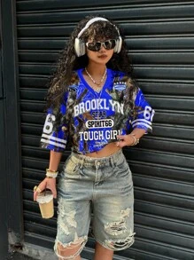 Slaydiva 女士休闲 66 针织 V 领宽松短款 5/短袖网眼 T 恤，带星星和字母图案，适合夏季和运动游戏