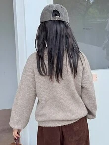 DAZY 青少年女孩休闲日常蝴蝶结装饰落肩罗纹针织毛衣秋冬 - 灰色 - 查看 2
