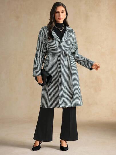 Flouryn Große Größen Damen Schwarz & Weiß Fischgrätmuster Taschen Gürtel Schleife Mantel