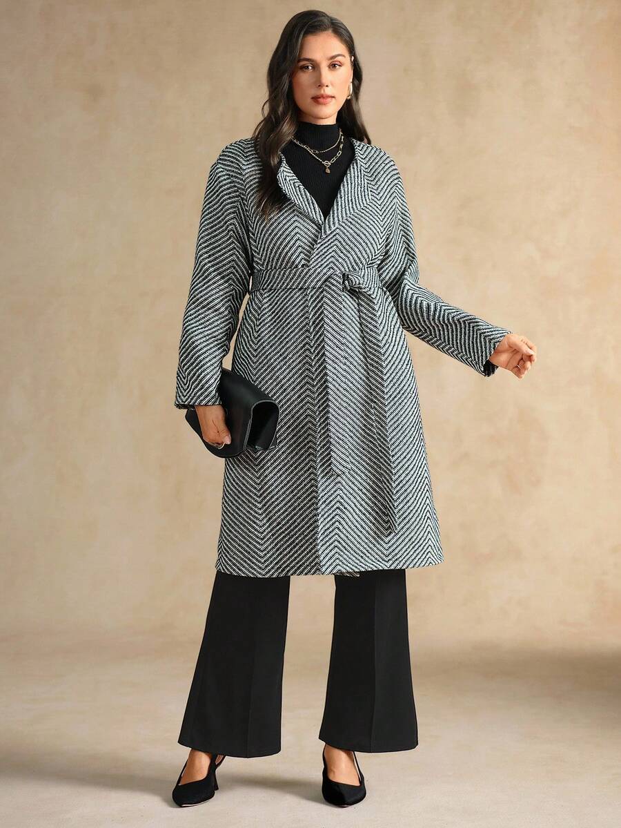 Flouryn Plus Size Women's Black & White Herringbone Pocket Belted Bow Overcoat Winter Fall Autumn - Black and White - View 1