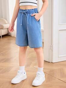 SHEIN Tween Girl Spring Summer Basic Casual Light Washed High Waisted Loose Fit Ruffle Waist Drawstring Denim Long Shorts With Bowknot And Rolled Hem Pockets, Girls Summer Beach Boho Vacation Comfortable Shorts, Summer Rave Concert Festival College Style , Tween Girl Short Jean Pants Tween Girl Casual Shorts Long Summer Shorts For Girls Denim Shorts - Dark Wash - View 6