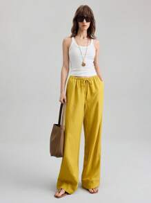 Ontre 2025 New Styles For Women Fall Women's Clothing Seasonal Clothing Fall Clothing Fall Back To School School Clothing 2000s Style Women's Country Clothing Old Money Style Women's Office Clothing Business Casual Women's Clothing Dating Outing Airport Party Clothing Solid Color Casual Daily Drawstring Loose Leg Trousers Low-Key And Durable Basic Style, All-Match And Suitable For Everyone, Street Fashion Wear, Coffee Shop Wear, Relaxed Wear All-Season - Yellow - View 7